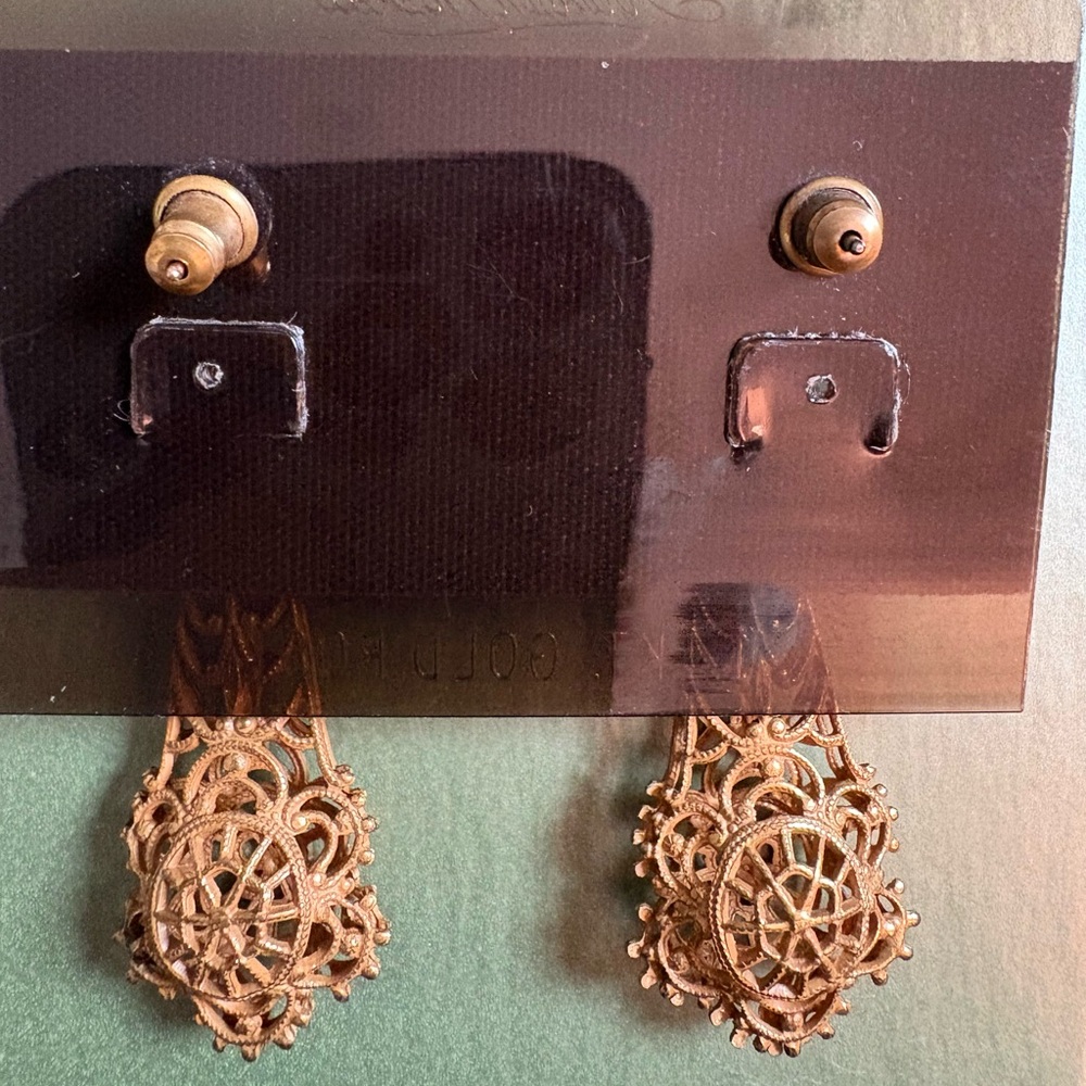 Miriam Haskell Ornate Gold Drop Earrings signed with original card RARE! - Picture 6 of 8